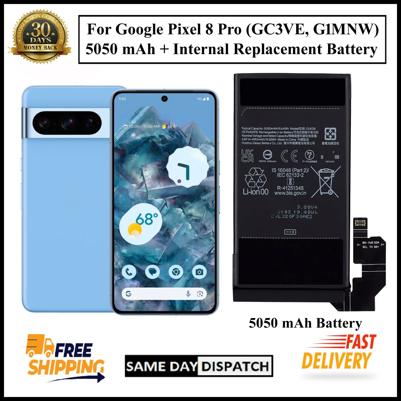 For Google Pixel 8 Pro (GUKD8) 5050mAh+ Internal Replacement Battery