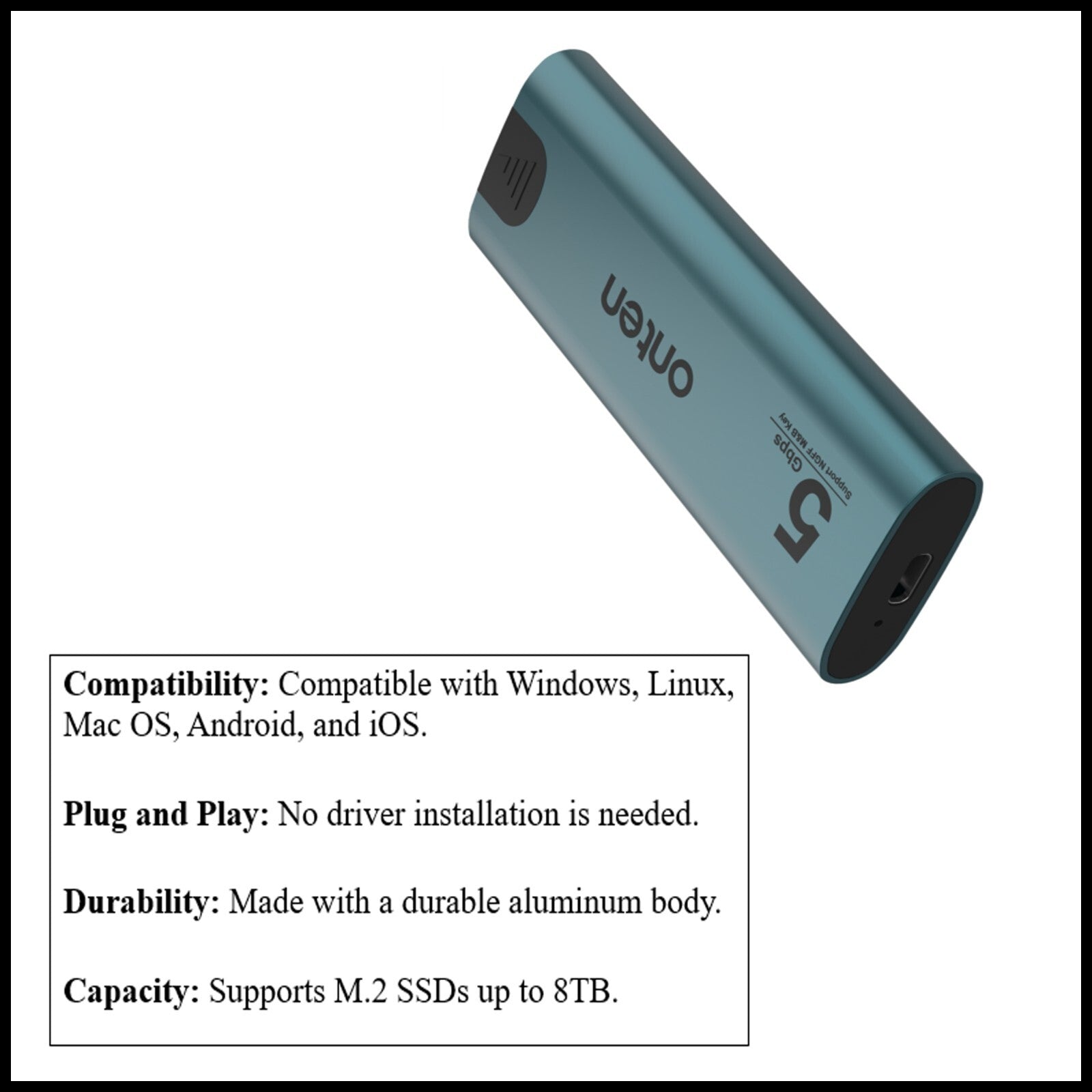 For Onten M.2 (5Gbps) NGFF SSD Enclosure USB 3.2 Gen 1 Portable Aluminium Case