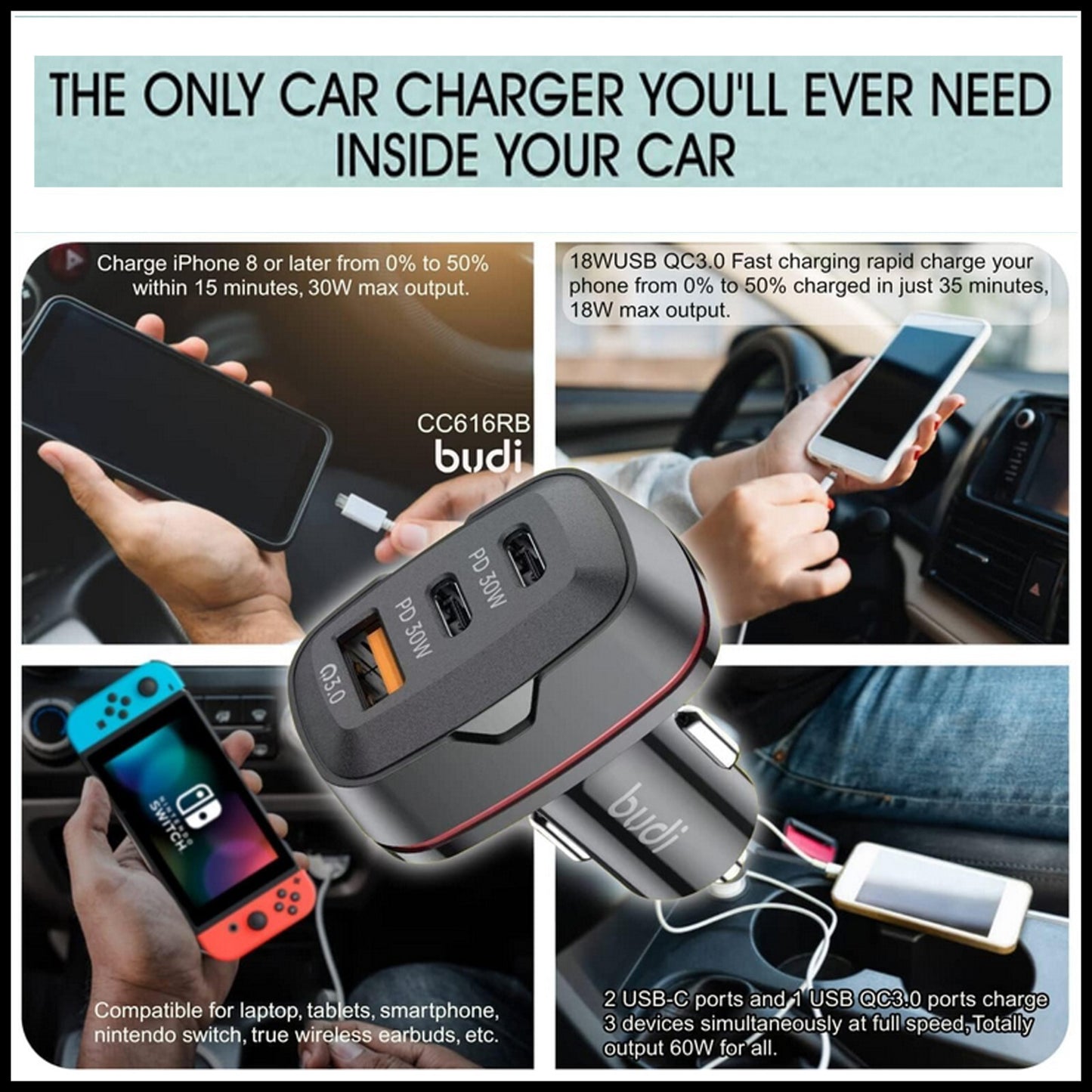 For Budi 60W Fast Car Charger Dual USB-C PD + QC 3.0 Adapter For All Devices