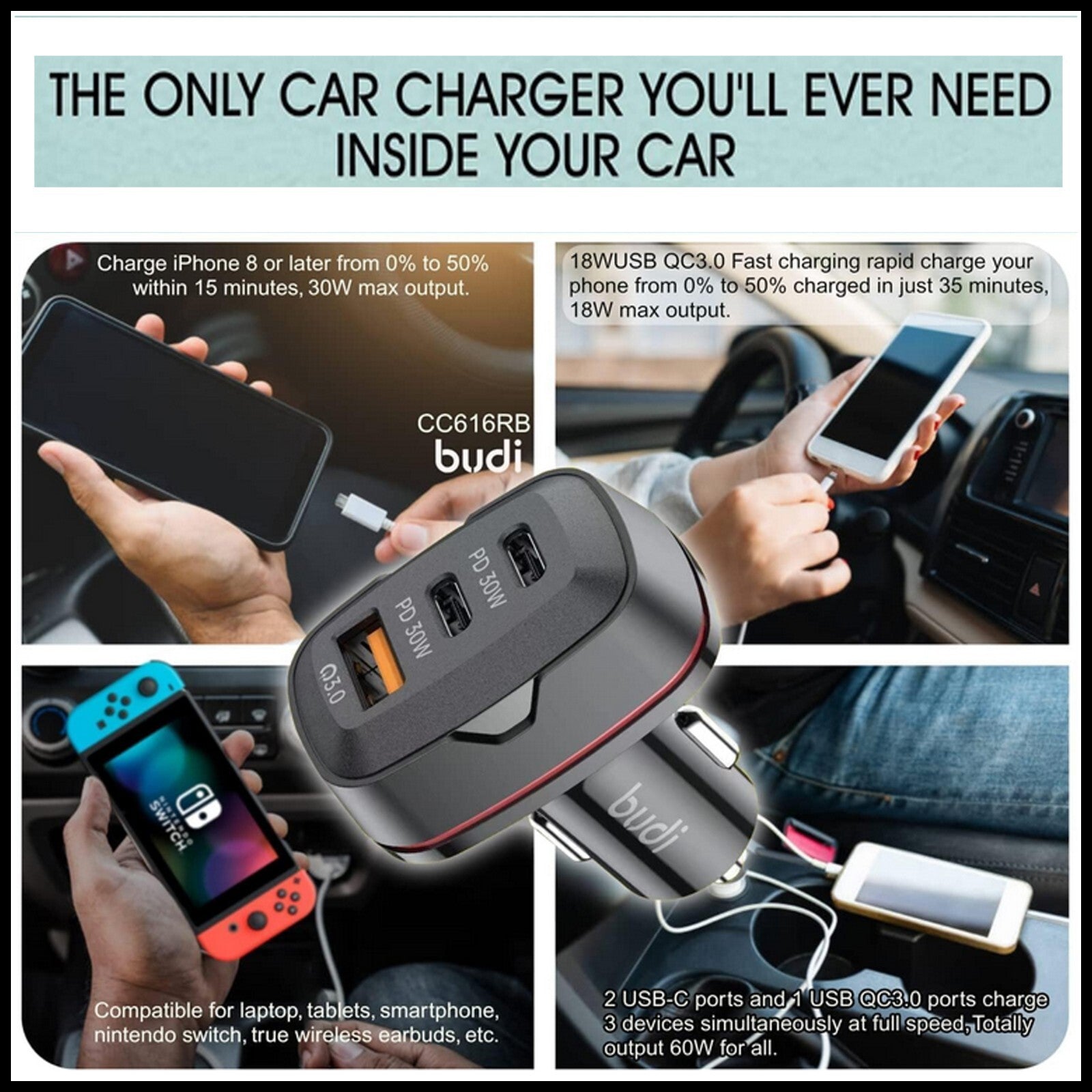 For Budi 60W Fast Car Charger Dual USB-C PD + QC 3.0 Adapter For All Devices