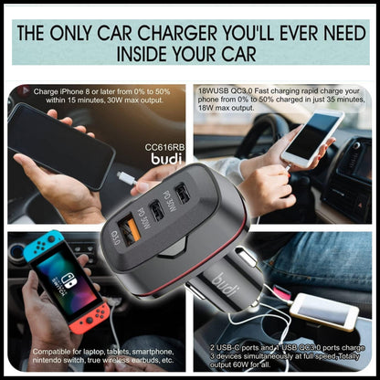 For Budi 60W Fast Car Charger Dual USB-C PD + QC 3.0 Adapter For All Devices