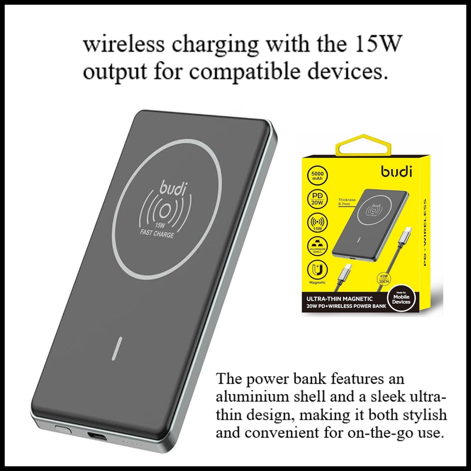 For Budi 5000mAh Ultra Thin Magnetic 20W PD + Wireless Power Bank- 15W Wireless