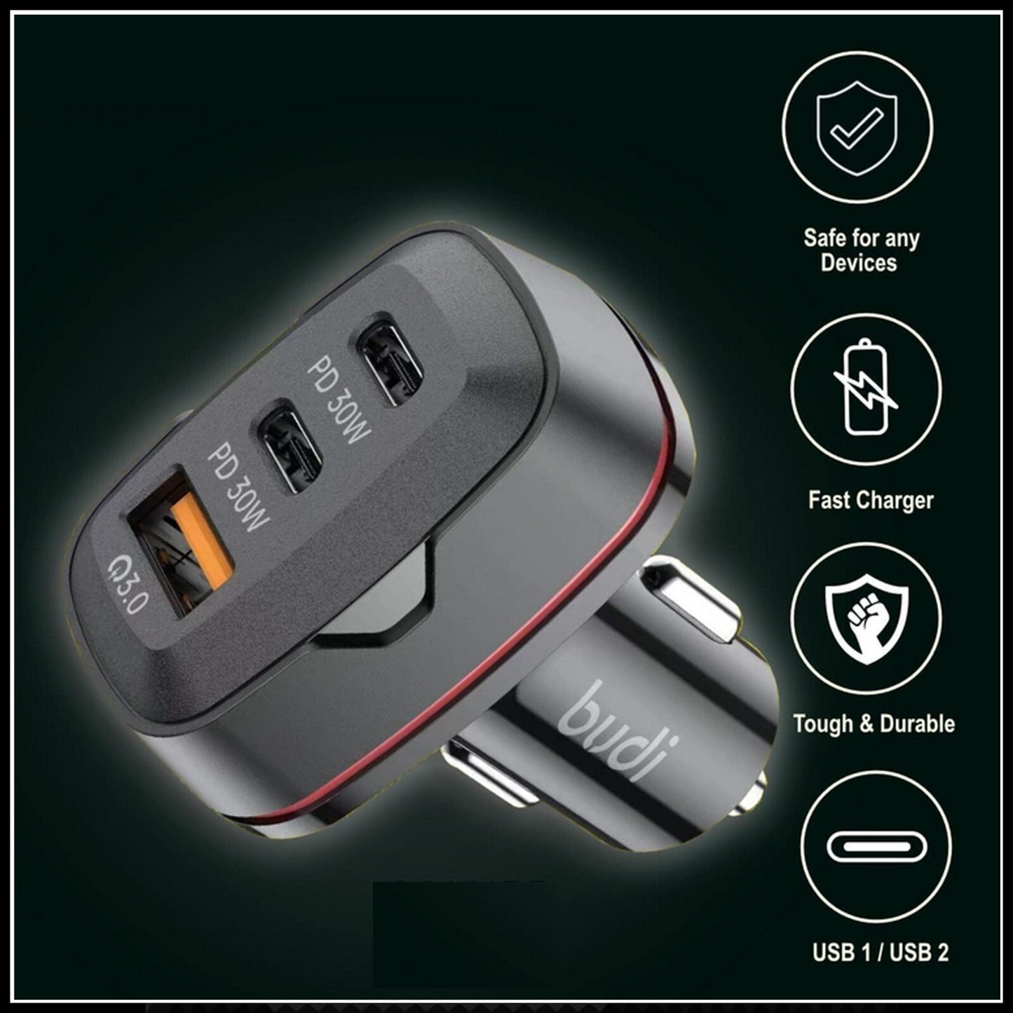 For Budi 60W Fast Car Charger Dual USB-C PD + QC 3.0 Adapter For All Devices