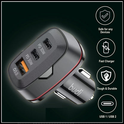 For Budi 60W Fast Car Charger Dual USB-C PD + QC 3.0 Adapter For All Devices