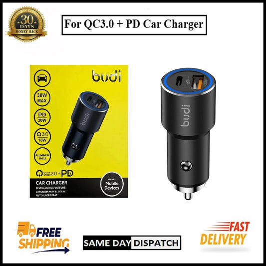 For Budi 38W Dual Port Car Charger USB-C PD 20W+QC 3.0 18W Fast Charging