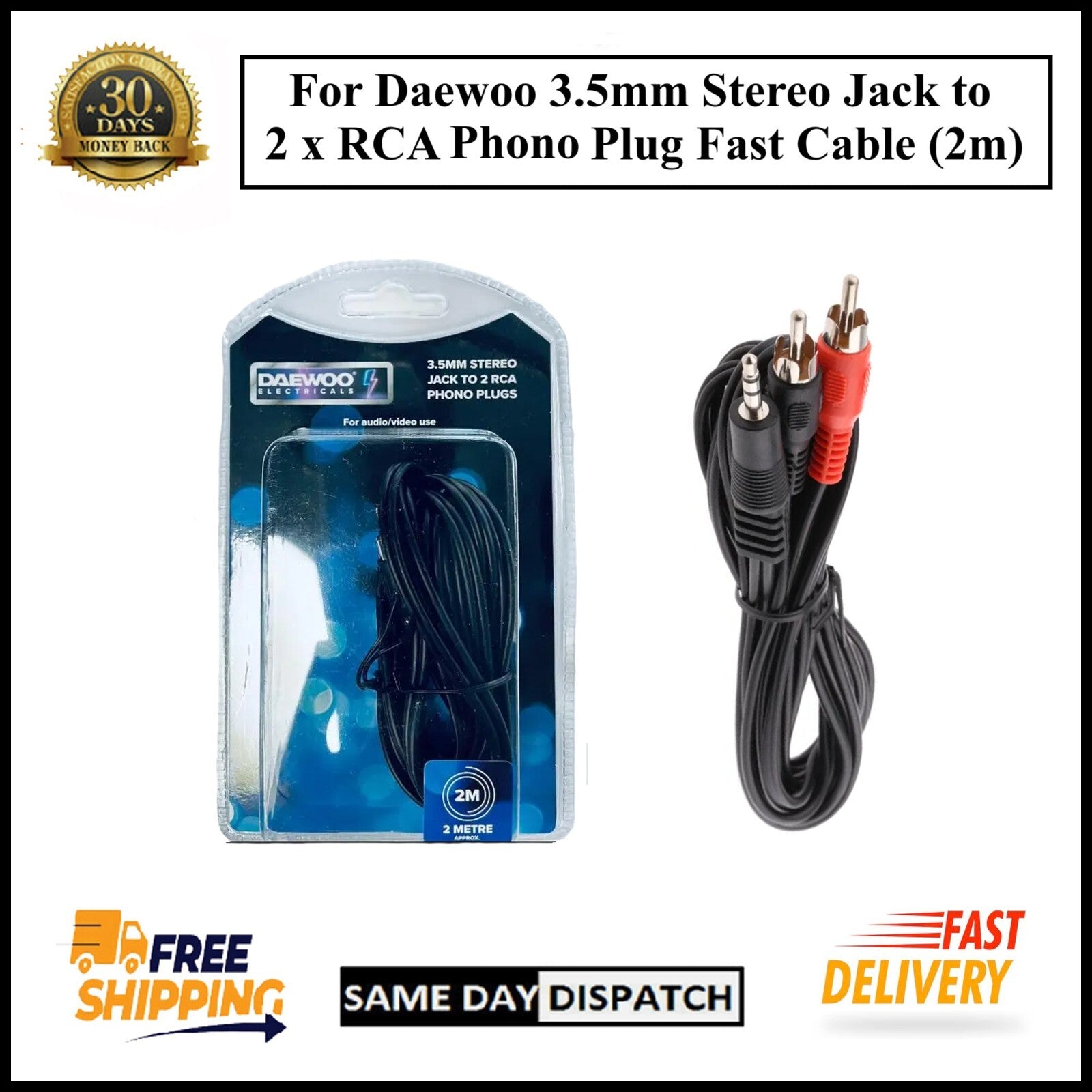 For Daewoo 3.5mm Stereo Jack to 2 X RCA Phono Audio AUX Lead Cable (2m)