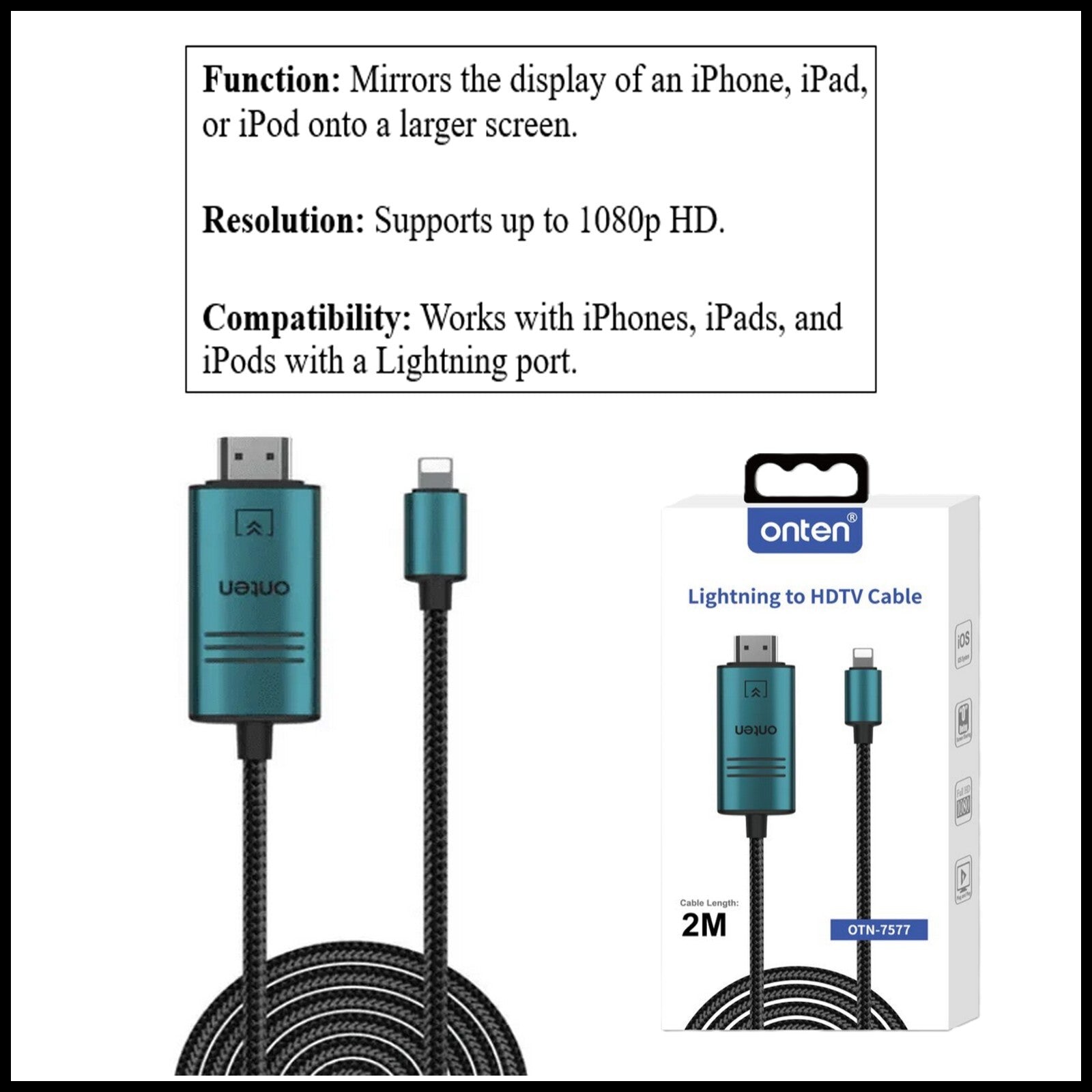 For Onten  iPhone to HDMI Cable Connector Adapter Screen Mirroring-2M