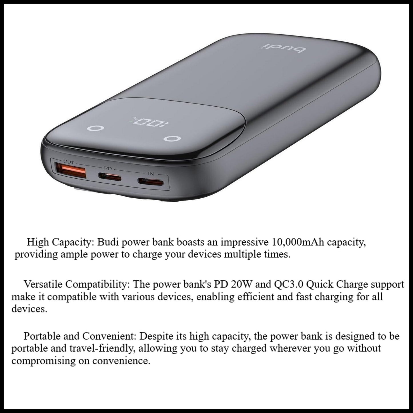For Budi  10000 mAh Quick Charge Power Bank PD 20W+QC3.0 With Cable