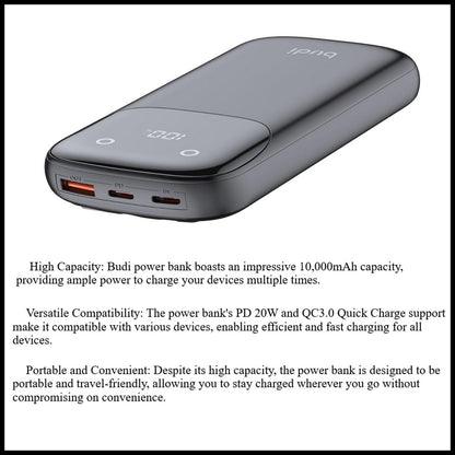 For Budi  10000 mAh Quick Charge Power Bank PD 20W+QC3.0 With Cable