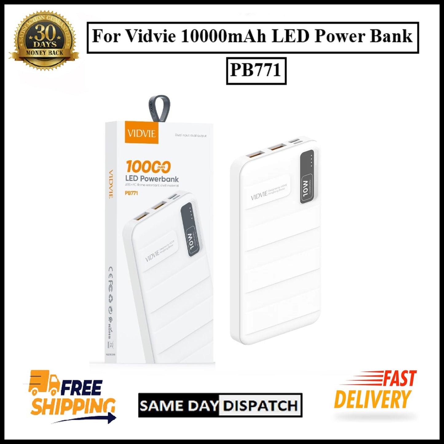 For Vidvie (PB771) 10000mAh LED Power Bank Fast Charging