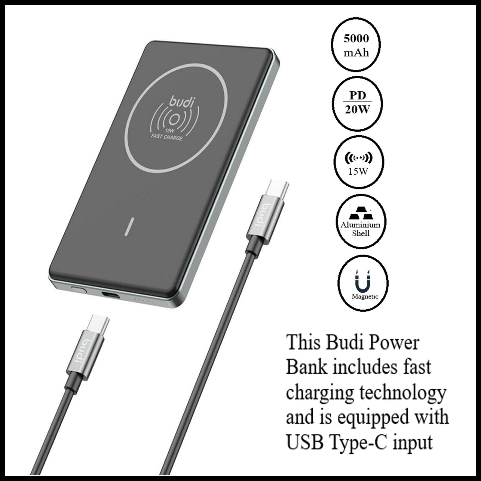 For Budi 5000mAh Ultra Thin Magnetic 20W PD + Wireless Power Bank- 15W Wireless