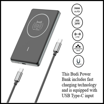 For Budi 5000mAh Ultra Thin Magnetic 20W PD + Wireless Power Bank- 15W Wireless
