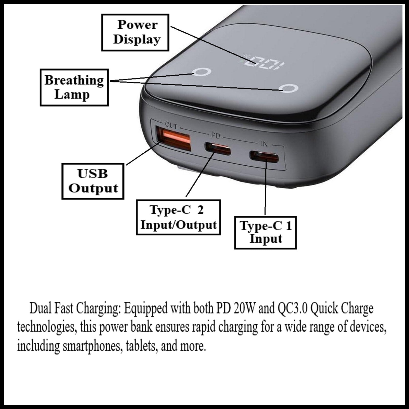 For Budi  10000 mAh Quick Charge Power Bank PD 20W+QC3.0 With Cable