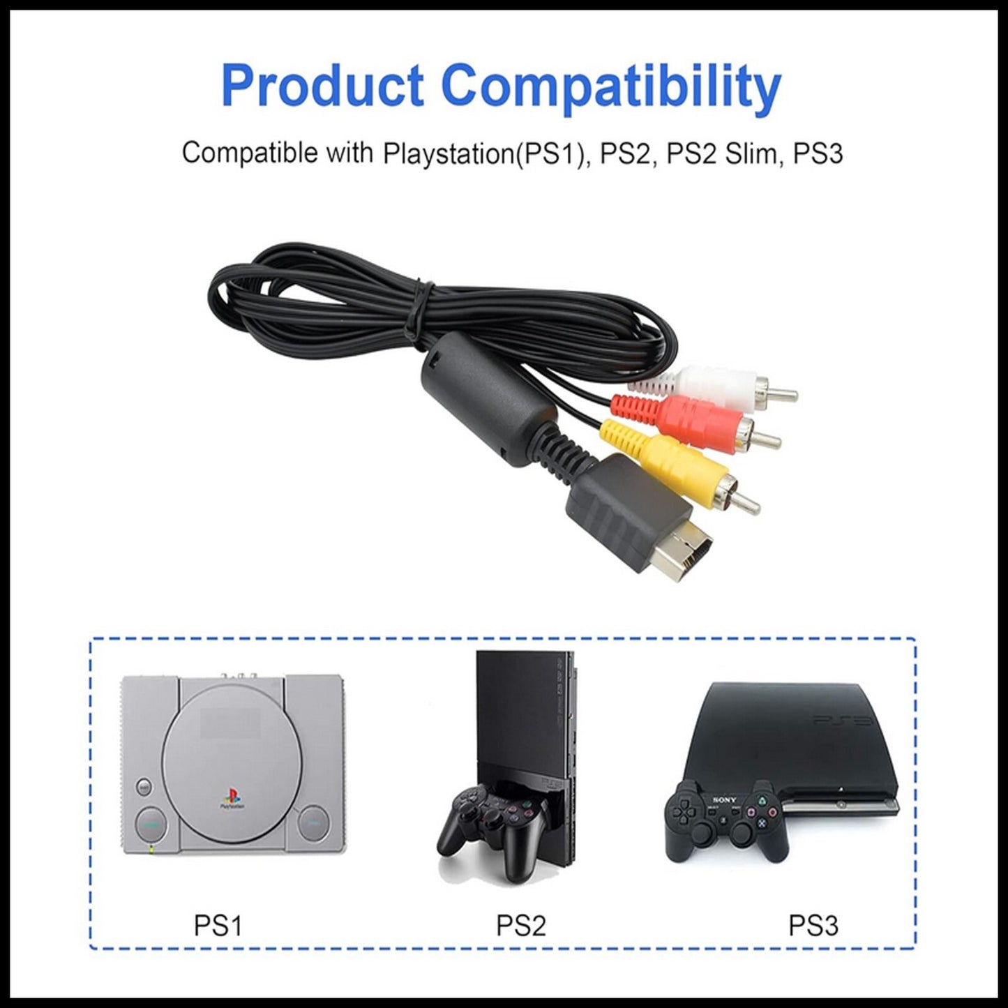 AV Cable RCA Composite Video Audio Cord 2M Lead for Sony PlayStation 2 Console