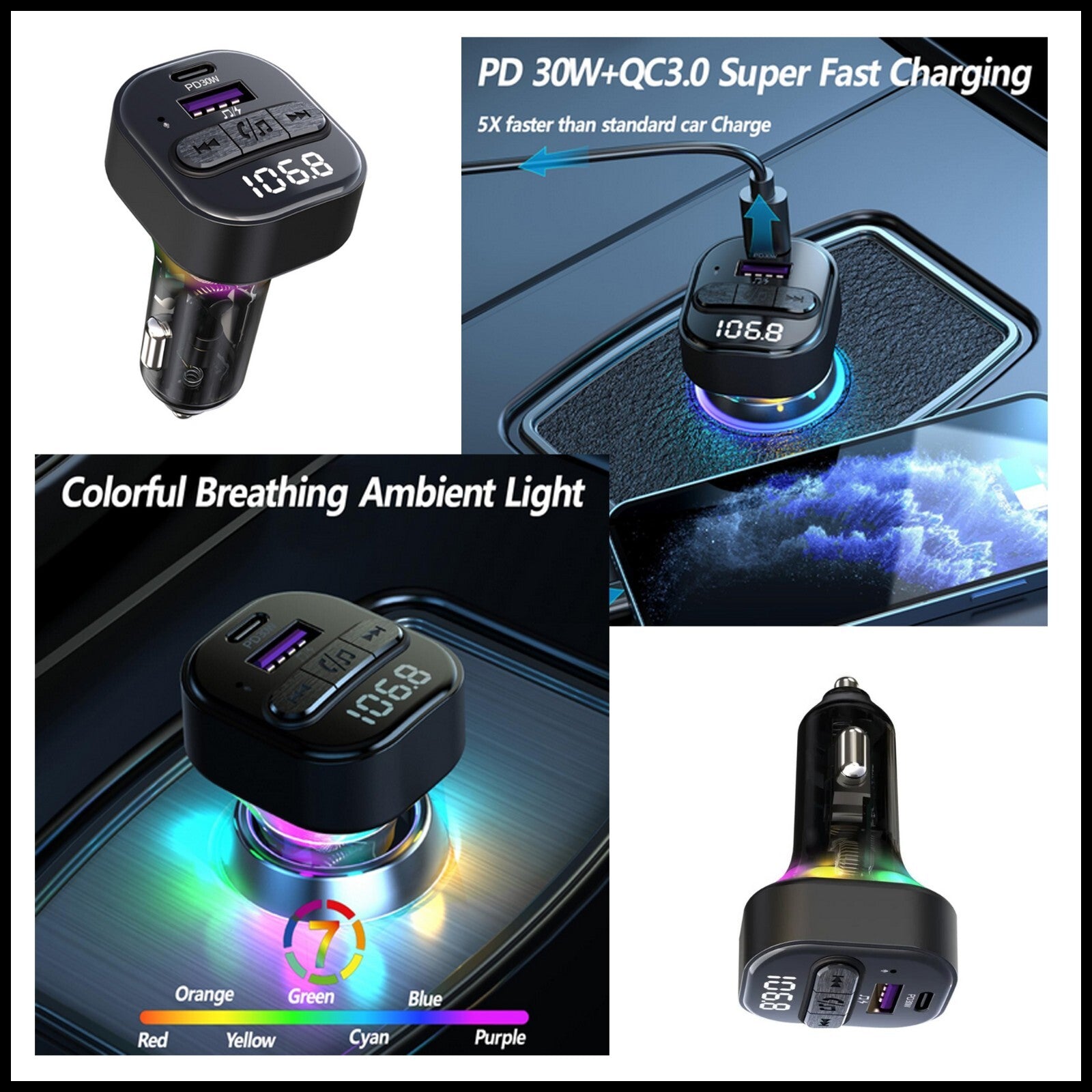 For Budi Bluetooth FM Transmitter Car Charger-36W , LCD Display, Handsfree