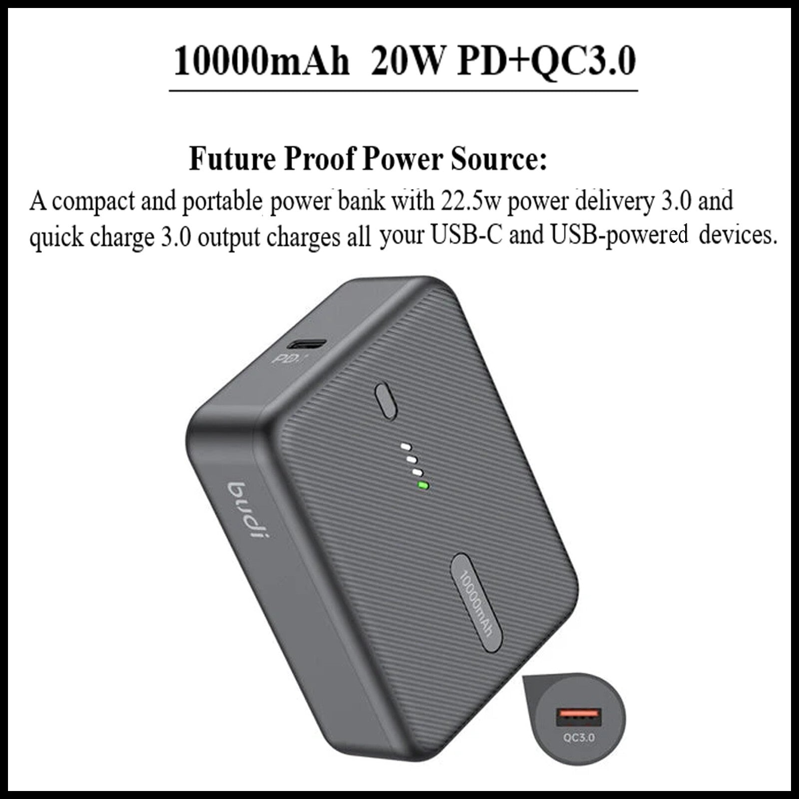 For Budi 10000mAh 20W PD+QC3.0 Mini Pocket Power Bank Fast Charging