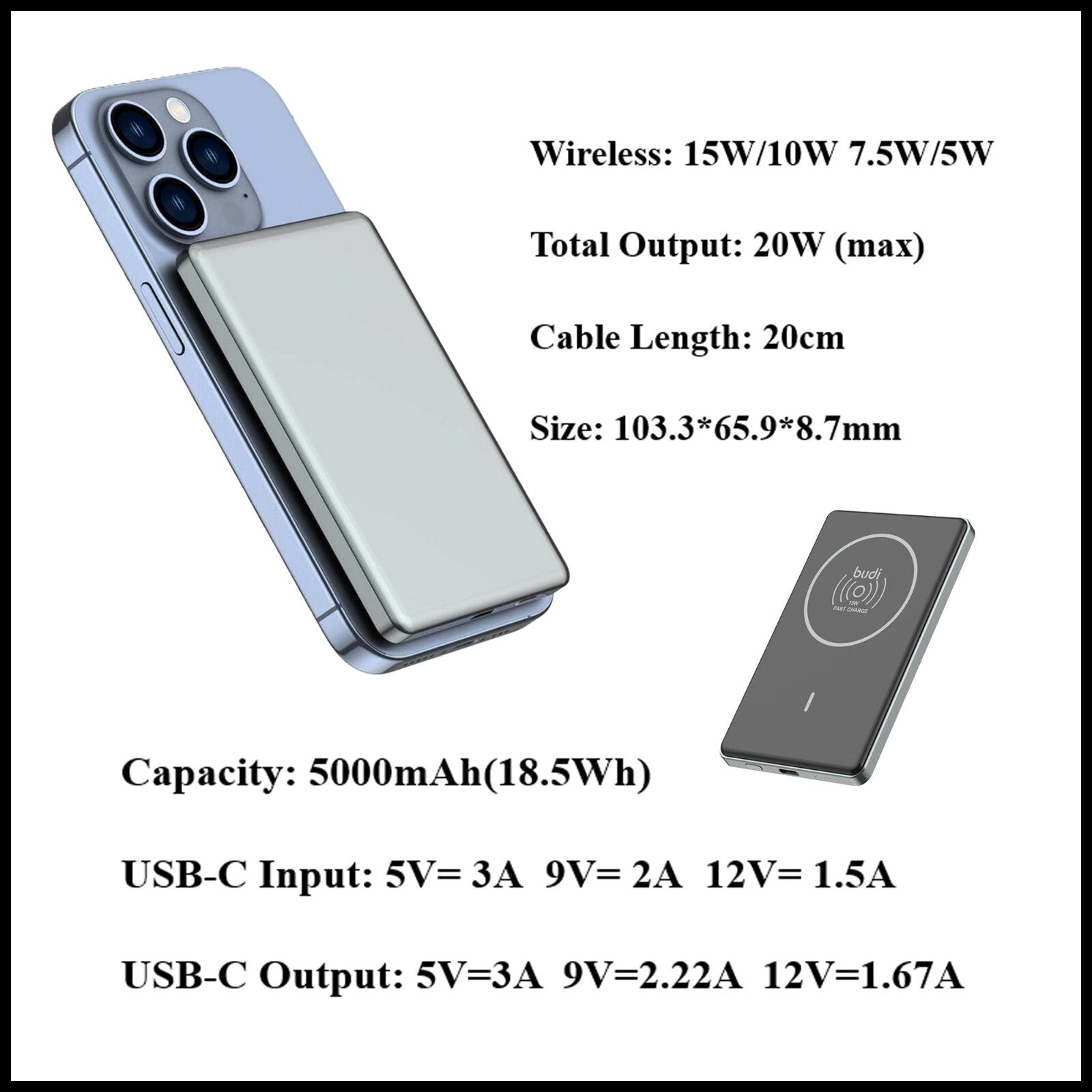 For Budi 5000mAh Ultra Thin Magnetic 20W PD + Wireless Power Bank- 15W Wireless