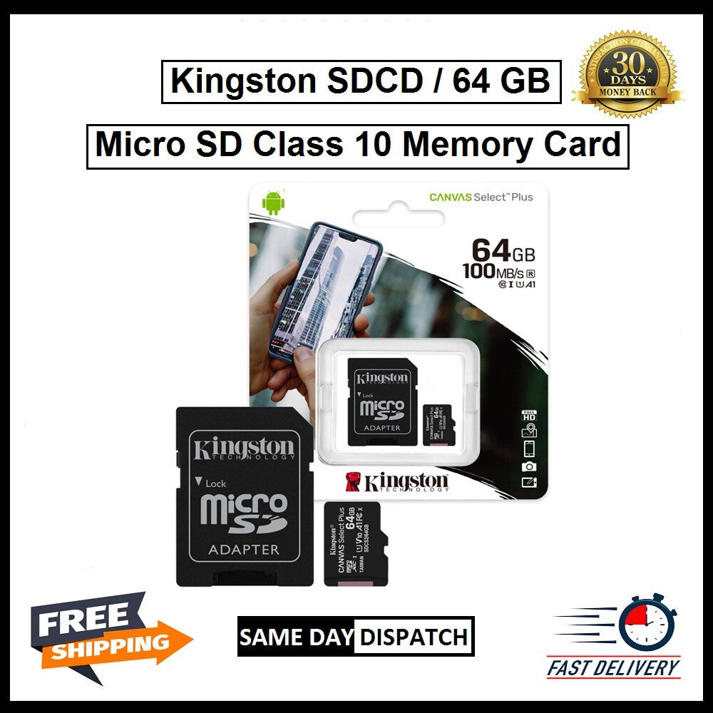 Kingston Micro SD 64 gb Memory Card & Adapter & Class 10 & A1