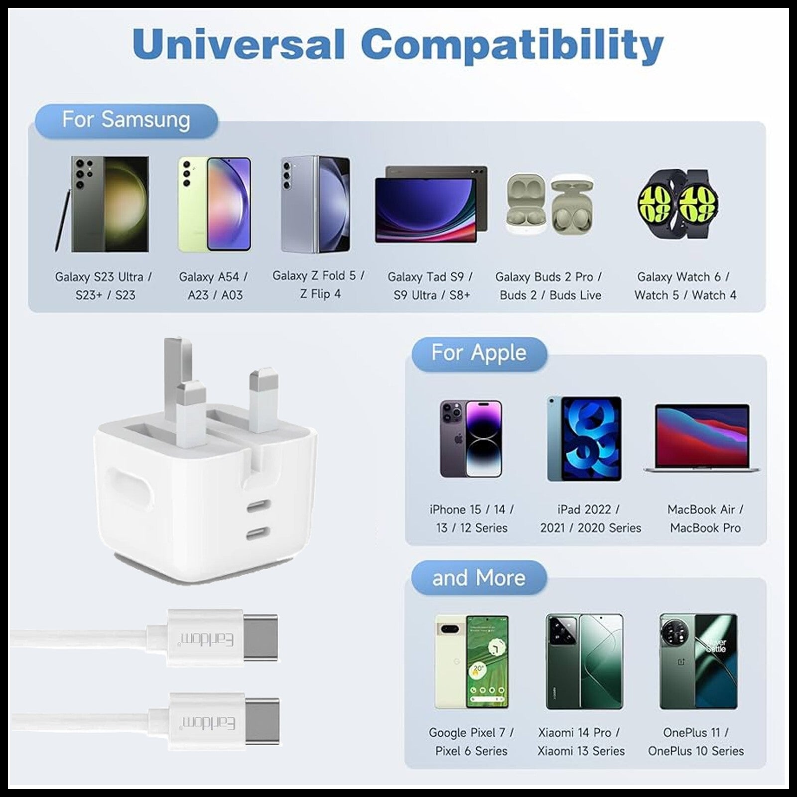 For Earldom Dual Interface PD 50W & Dual Type C Fast Wall Charging Adapter
