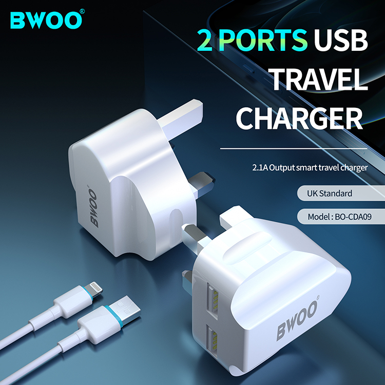 BWOO Fast Charging Dual ( 2 Usb Port )/ 3 Pin Mains Wall Plug Adapter With Cable