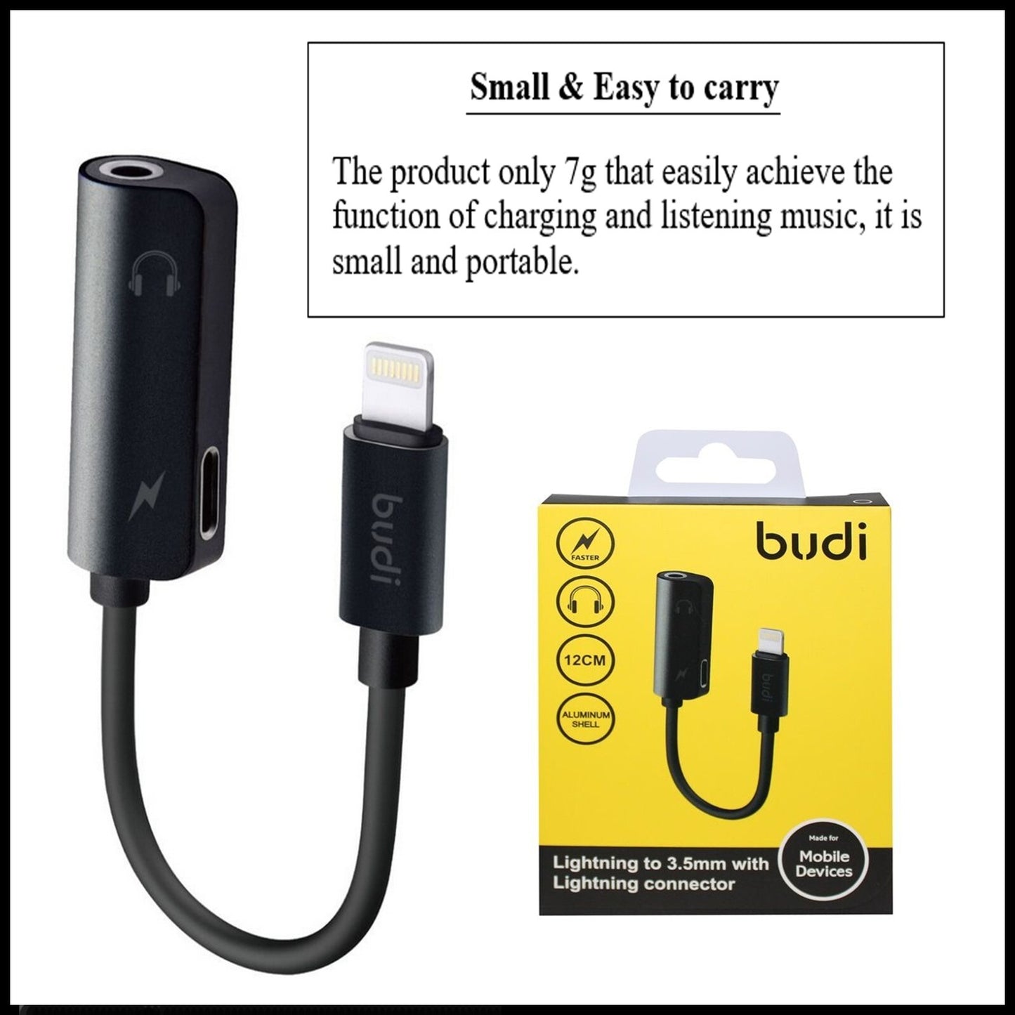 For Budi iPhone to 3.5mm Adapter Dual Port iPhone Audio & Charger Cable 12CM