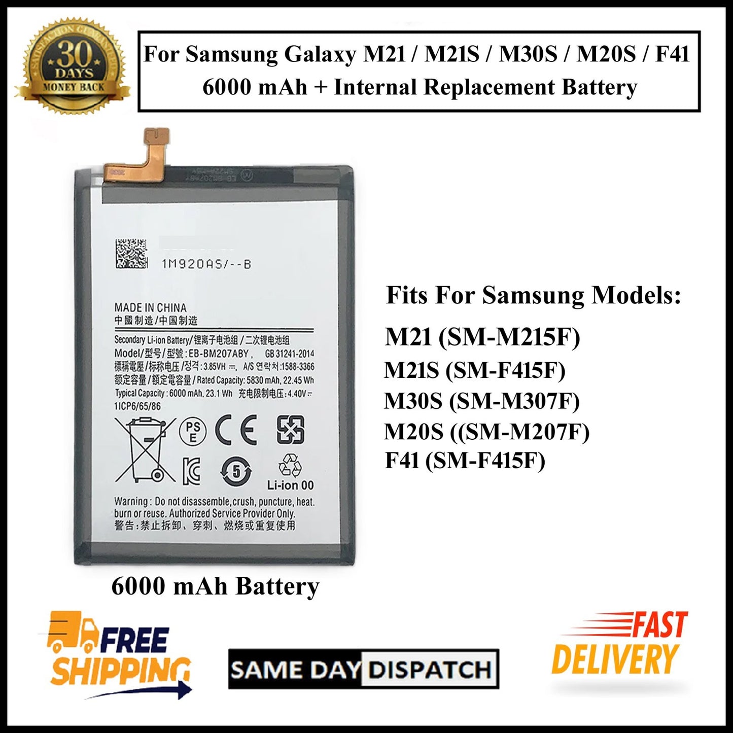 For Samsung Galaxy M21/M21s/M30s/M20s/F41 6000mAh+ Internal Replacement Battery