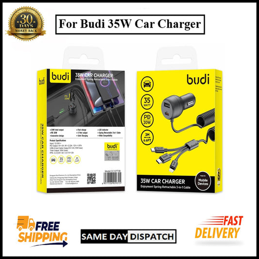 For Budi 35W 3-in-1 Cables For iPhone /Micro /Type C Dual Port Fast Car Charger