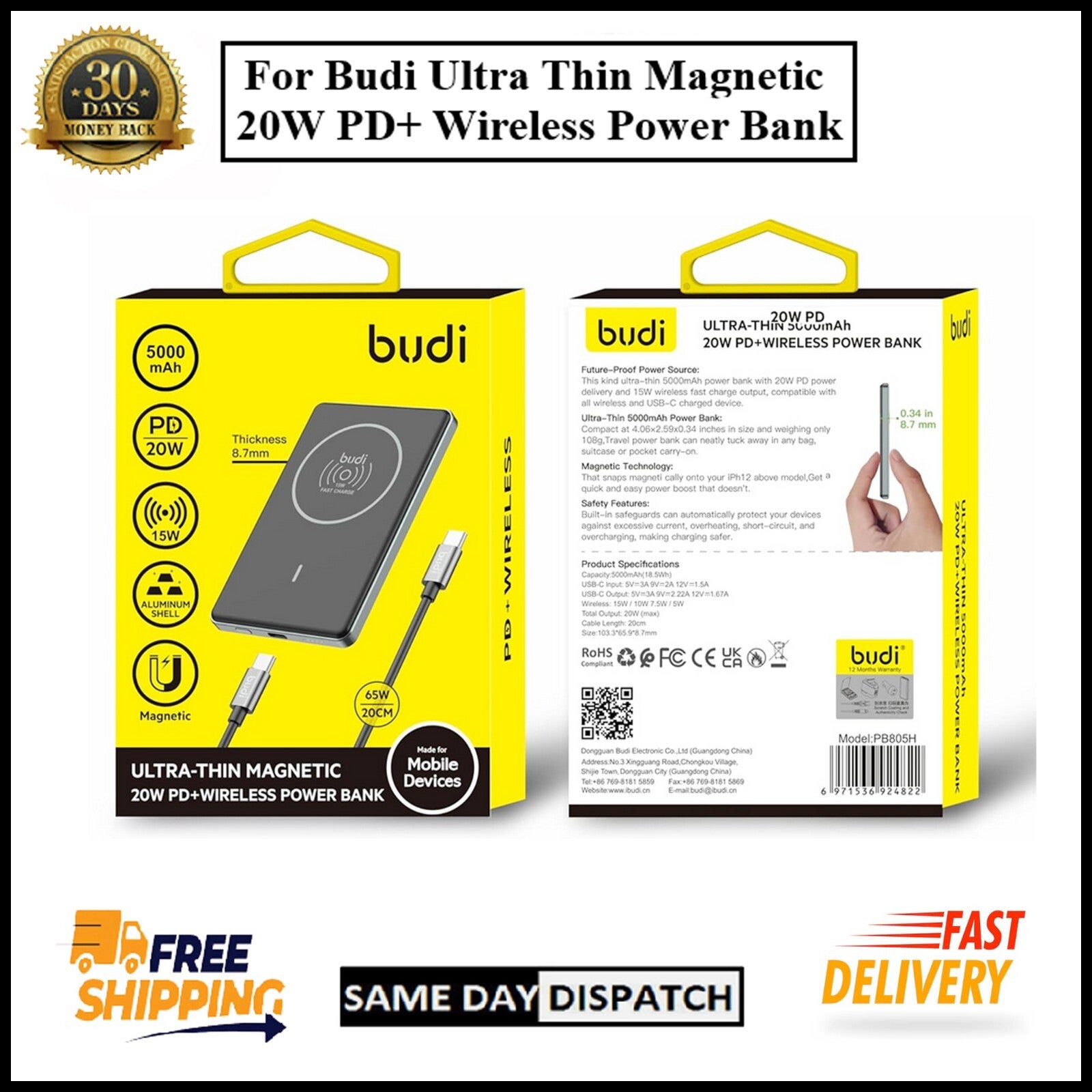 For Budi 5000mAh Ultra Thin Magnetic 20W PD + Wireless Power Bank- 15W Wireless