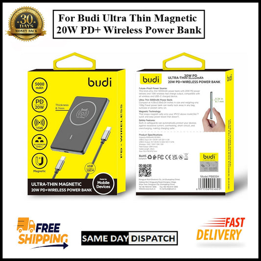 For Budi 5000mAh Ultra Thin Magnetic 20W PD + Wireless Power Bank- 15W Wireless
