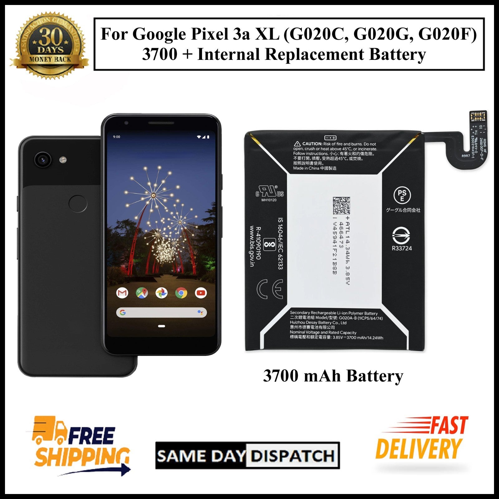 For Google Pixel 3a XL ( G020A-B ) 3700mAh+ Internal Replacement Battery