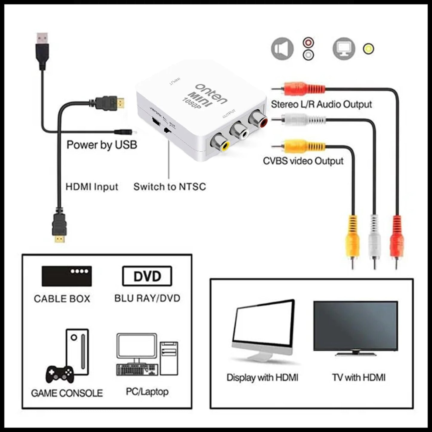 For ONTEN Mini HDMI to RCA Audio Video CVBS Adapter Converter For HDTV/DVD 1080P