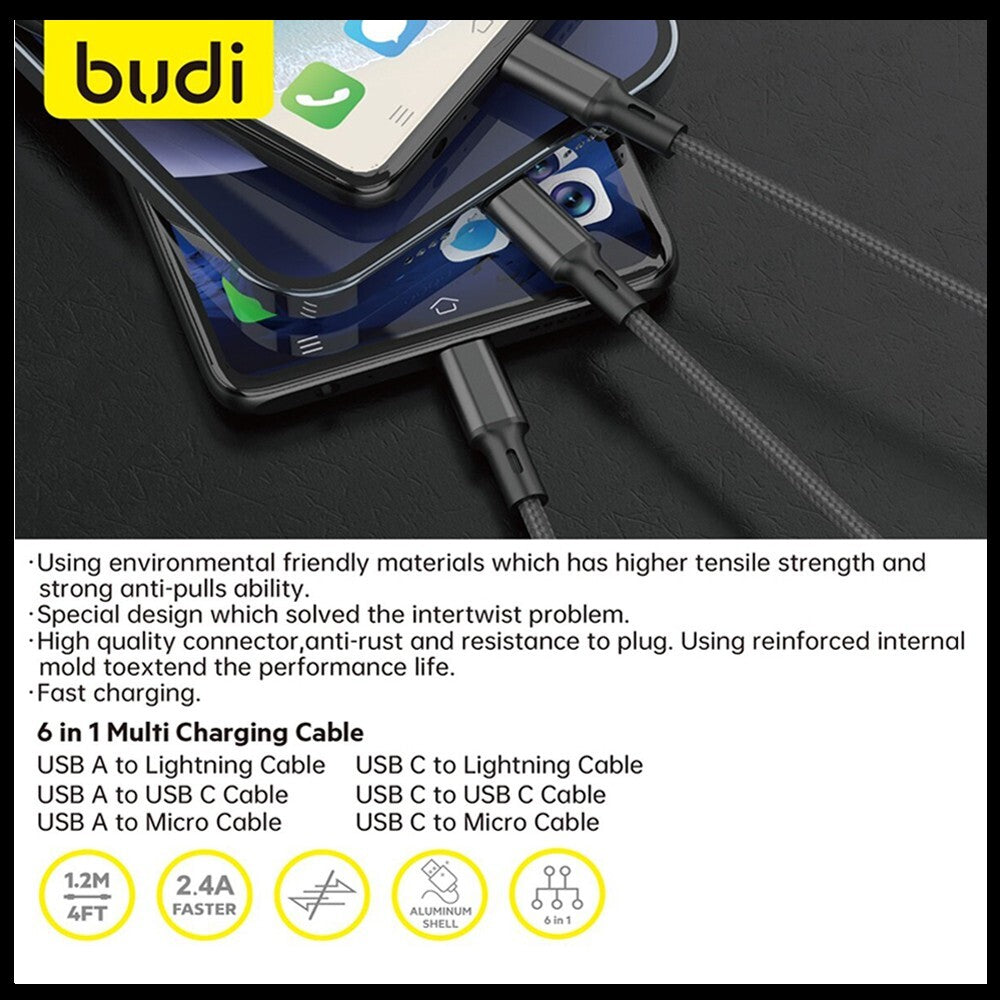 Budi 6-in-1 Multi Fast Charging Cable For Mobile Devices USB Type-C Micro iPhone