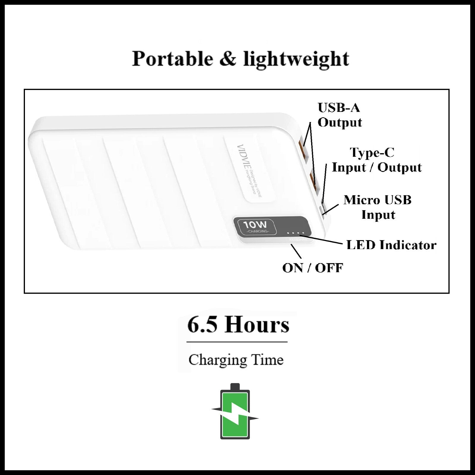 For Vidvie (PB771) 10000mAh LED Power Bank Fast Charging