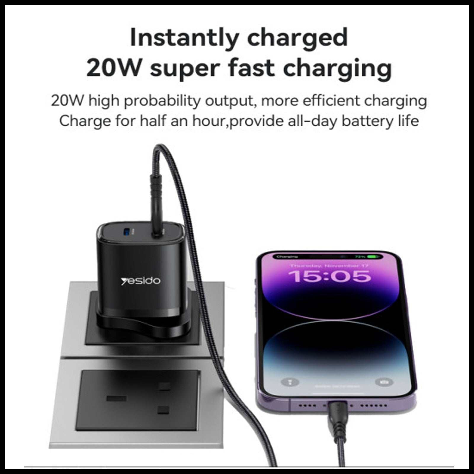 For YESIDO Dual Interface PD 20W USB-C Fast Wall Charger With Type C Cable