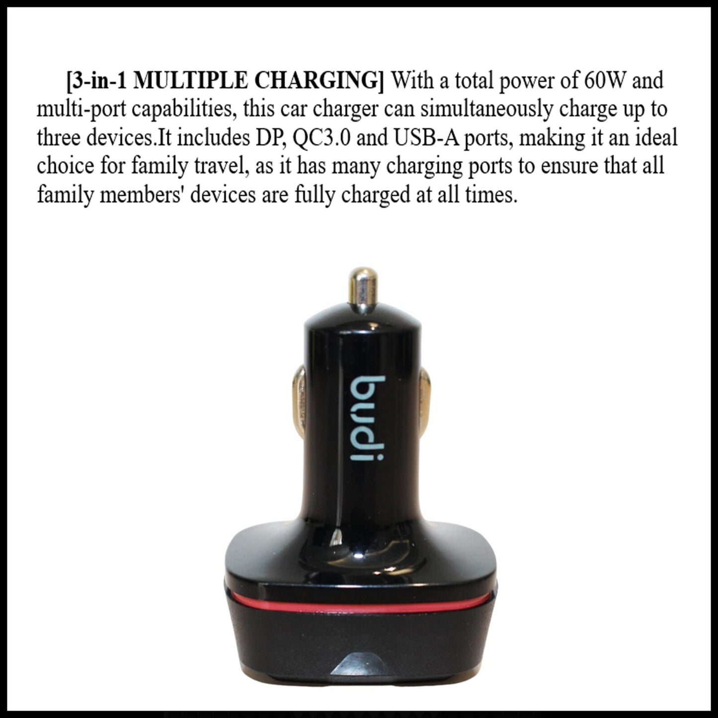 For Budi 60W Fast Car Charger Dual USB-C PD + QC 3.0 Adapter For All Devices