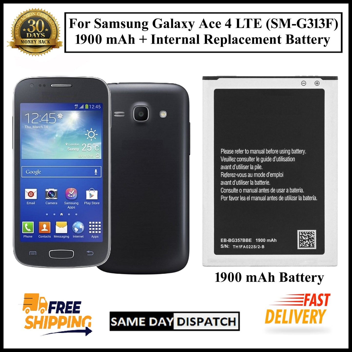 For Samsung Galaxy Ace 4 LTE (SM-G313F) 1900mAh+ Internal Replacement Battery