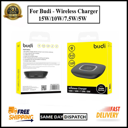 For Budi Wireless Charger Fast Charging Pad 15W/10W/7.5W/5W With Dual USB Ports