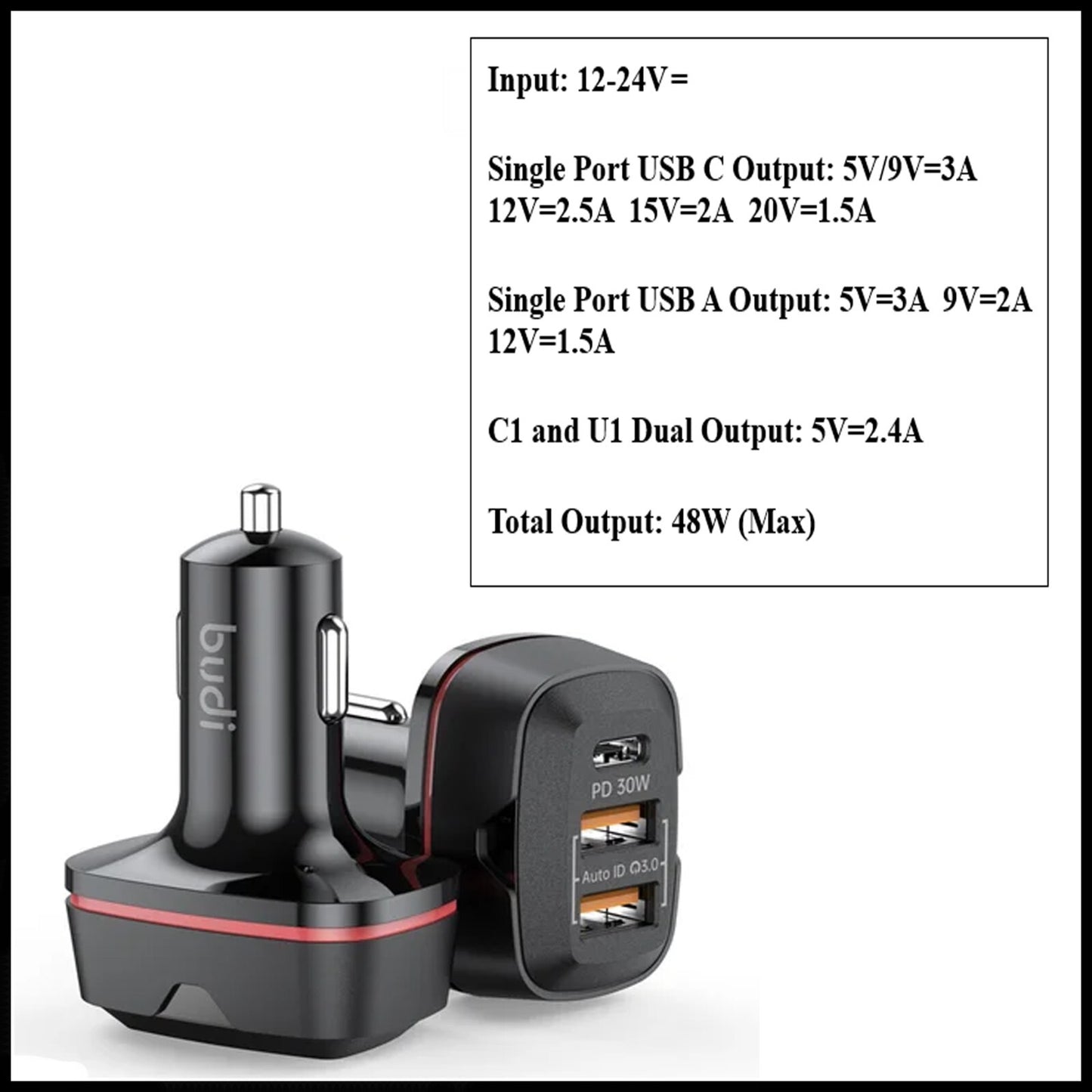 For Budi 48W Dual QC3.0& USB-C PD Car Charger Adapter For Mobile Devices-3 Port