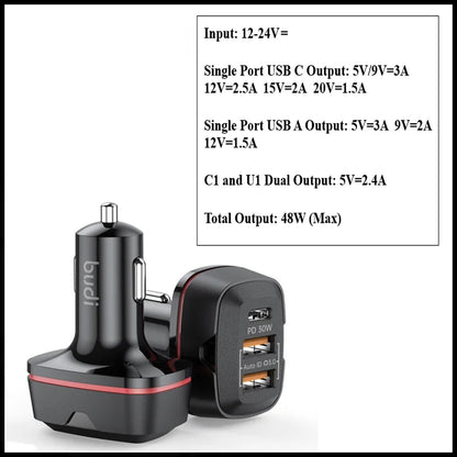For Budi 48W Dual QC3.0& USB-C PD Car Charger Adapter For Mobile Devices-3 Port