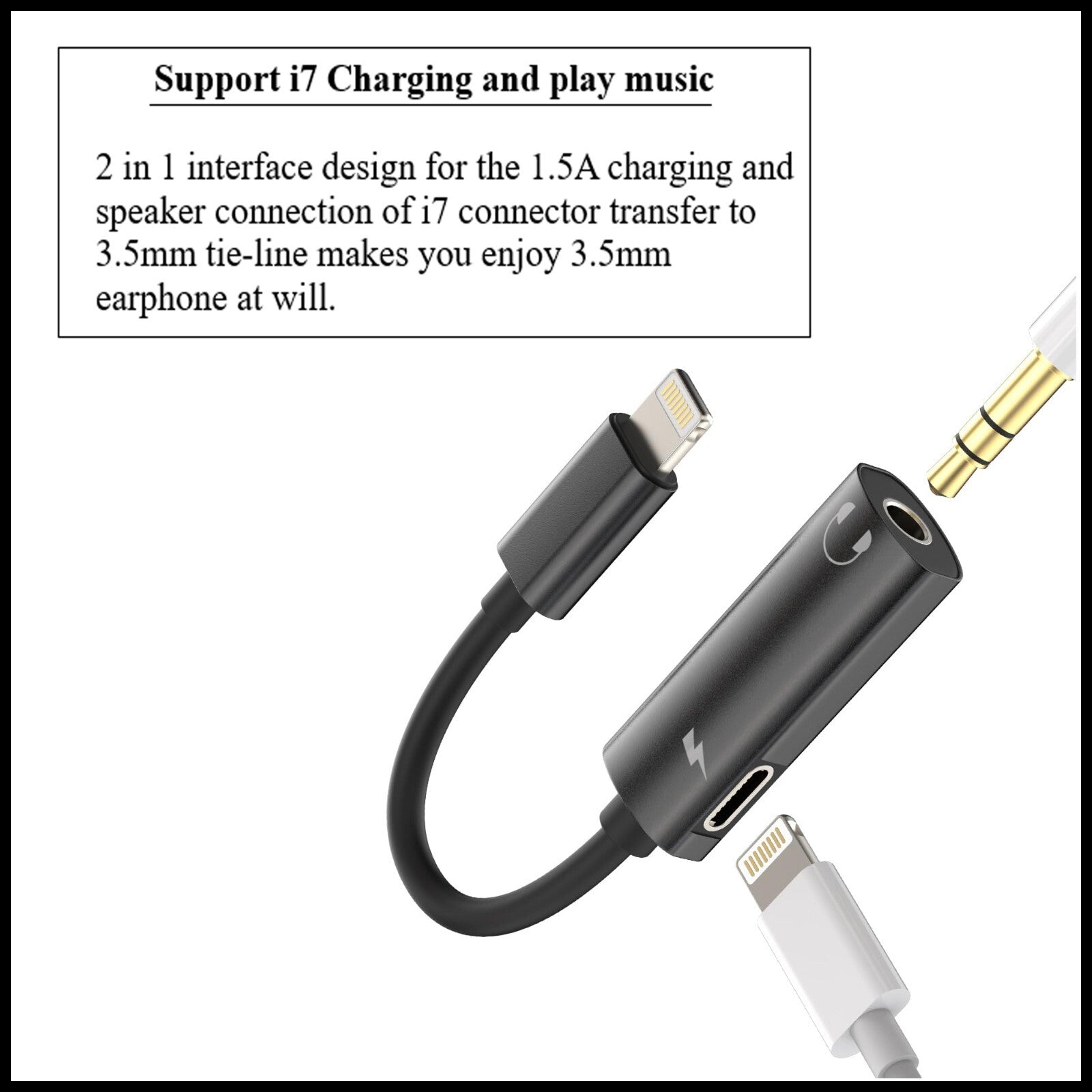For Budi iPhone to 3.5mm Adapter Dual Port iPhone Audio & Charger Cable 12CM
